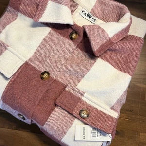Katy Did Womens Medium Plaid Shacket Longline Button Front Burgundy White - Picture 1 of 8