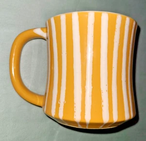 Vtg Jonas Roberts stoneware "Miranda" pattern mug, mustard yellow white stripes - Picture 1 of 14