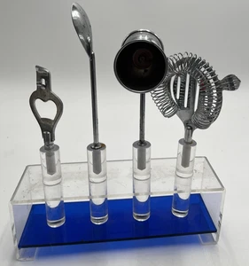 Vintage 1970er Lucite Acryl Bar Werkzeug Set 4 Barware Sieb Jigger Muddler - Bild 1 von 5