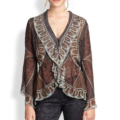 Блузка Marchesa Voyage шелковая с оборками отделка РУКАВ С КОЛОКОЛЬЧИКОМ асимметричный подол богемный принт 6 - Изображение 1 из 4