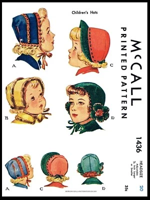 McCall #1436 Hats Fabric Sewing PATTERN 1940's GIRL Childs Toddler Kids 20" Head - Image 1 of 3