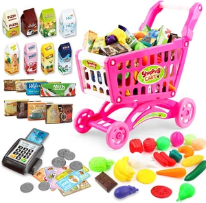 Kids Shopping Cart with Food Shopping Trolley Basket for Toy Shop Kitchen 65 PCS - Picture 1 of 6