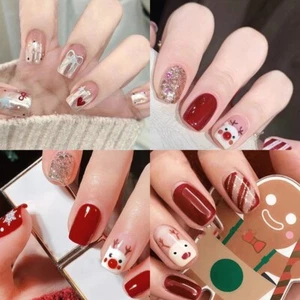 96PCS Christmas Press-On Nails with Reindeer, Stripes, Glitter, and Bows Design - Picture 1 of 16