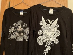 Two Black L/S DISNEY Henley Shirts - Mickey & Tinker Bell. Teen Size Medium. - Picture 1 of 12