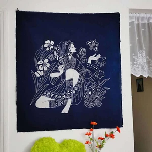 Batik Tapestry, Wall Hanging, Hand Dyed Fabric 30x35'' - Woman in Floral Symphon - Picture 1 of 9