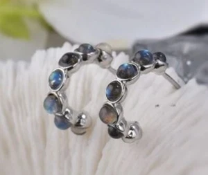 Solid Labradorite Stud Curve Earrings Australian Genuine Gems Silver RRP$160 - Picture 1 of 5