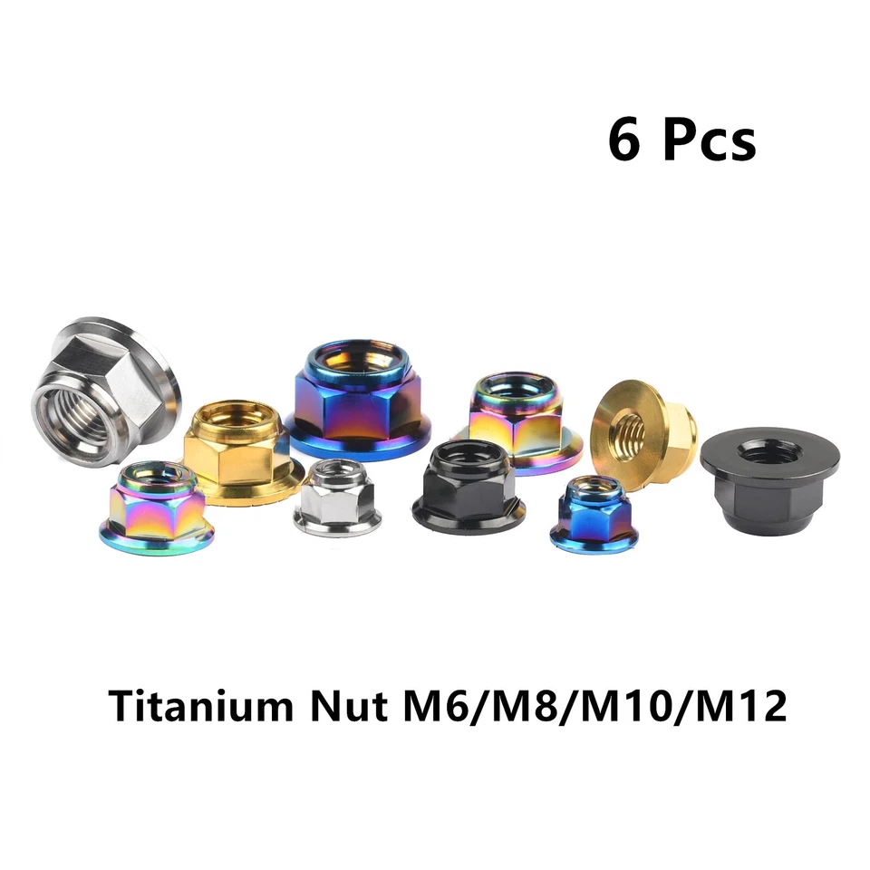 6pcs Titanium Nuts M6 M8 M10 M12 Flange Hex Ti Alloy Nut With Metal Lock Grade 5 - Image 1 of 4