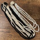Unsigned Vogue Triple Satin Glass AB Necklace 7 Strand Faux Pearl Black Beaded