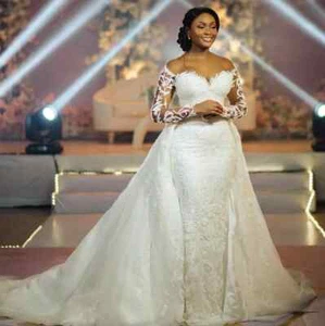 Plus Size Ivory Mermaid Wedding Dresses Lace Beaded Detachable Train Bridal Gown - Picture 1 of 9