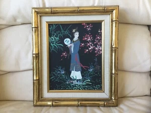 Art Oil Painting Oriental Woman Fan Flowers 8 x 10" Gold Bamboo Wood Frame-Great - Picture 1 of 1