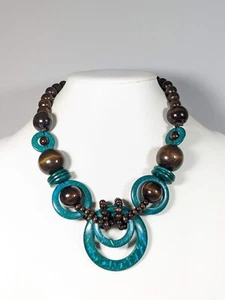 Tribal Style Brown Wood Blue Open Circle Woven Style Adjustable Necklace 34 inch - Picture 1 of 7
