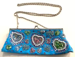 VINTAGE LAPIS EVENING PURSE/CLUTCH-LIGHT BLUE SATIN, UNIQUE PLAYFUL HEART THEME - Picture 1 of 7