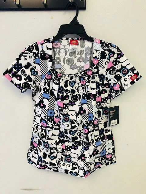 Dickies Womens Scrubs Top MONKEY,BEAR,OWL 82825C IPZL SIZE X-SMALL JUNIOR FIT C1 - Image 1 of 1