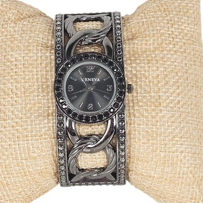 Relógio feminino pulseira punho Gunmetal corrente elo design rosto mostrador preto Genebra  - Imagem 1 de 4