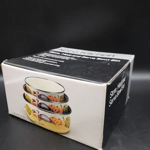 VTG Kobe Kitchen Tian Shine Enamel Steel Bowl Set 3pc w/ Lids Veggie Design NIB - Picture 1 of 9