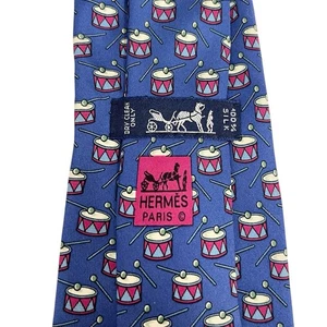 Hermes Men's Tie Tambour Drums Music Navy Blue Silk 7565 SA 3.25" (W) x 58" (L) - Picture 1 of 8