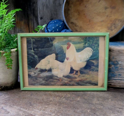 Antique Print of Chickens Original Green Frame - Image 1 of 4
