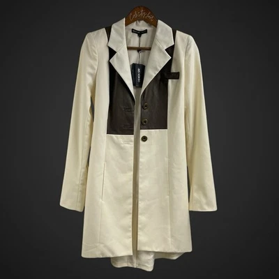 Moda Estrella Larga Elegante Chaqueta Saks Fifth Ave Marfil Cuero Marrón $428 Foto 1 de 4