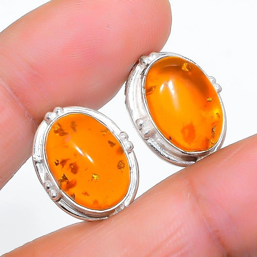 Pendiente de plata esterlina 925 con piedras preciosas de ámbar báltico tamaño 0,75" Foto 1 de 1