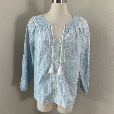 Blusa boho Joie para mujer mediana azul bordada borla corbata lino algodón Foto 1 de 4