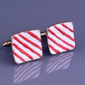 Red White Diagonal Stripe Cufflinks Gold Tone Enamel Handmade Square Vintage - Picture 1 of 6