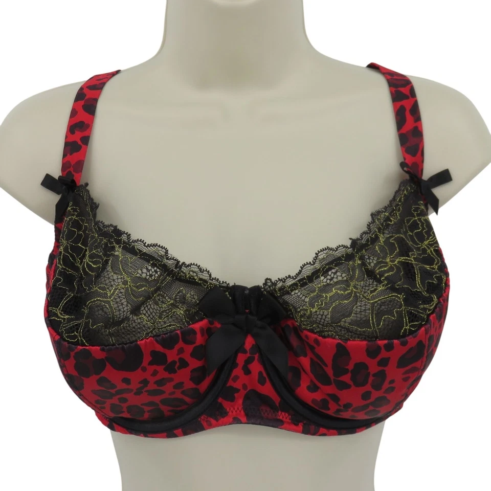 Cacique 42DD Black Red Leopard Animal Print Gold Lace Bow Underwire Bra Sexy - Image 1 of 4