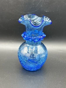 VTG Art Crackle Glass Blue Bud Vase Ruffled Rim Applied Glass Trim 5" - Picture 1 of 7