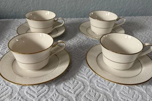 Set Of 4 Noritake Ivory China 7562 Tulane Gold Trim Teacup/Coffee Cup & Saucer - Picture 1 of 9