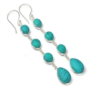 Blue Turquoise Gemstone Handmade 925 Sterling Silver Jewelry Earring Size 2.8" - Picture 1 of 1