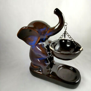 Ceramic Elephant w/Hanging Bowl Oil Burner/Diffuser Brown w/Royal Blue base