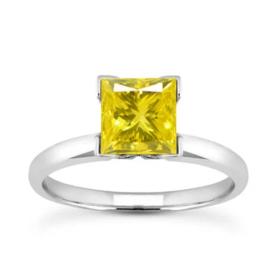 Yellow Diamond Engagement Ring Princess Shape Treated 14K White Gold SI2 1ct - Image 1 of 4