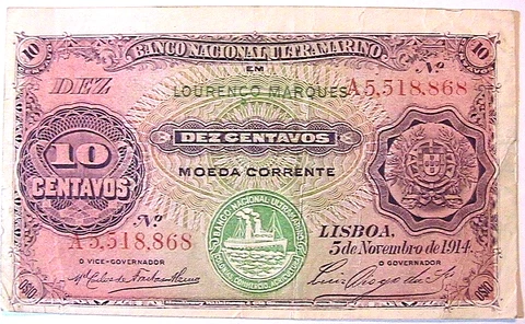 1914 Portugal  10 Centavos  VF Original Portuguese Currency Paper Money Banknote Cover