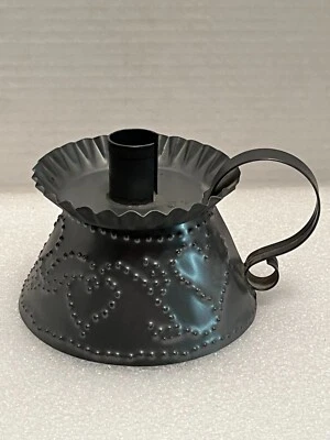 Punched Pierced Tin Candle Holder Primitive Folk Country Hearts 3.25" tall - Image 1 of 4