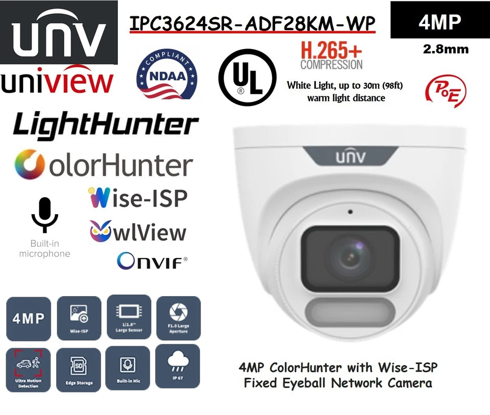 Uniview IPC3624SR-ADF28KM-WP 4MP ColorHunter Wise-ISP Turret IP Camera 2.8mm - Image 1 of 4