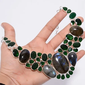 Natural Labradorite Gemstone 925 Silver Handmade Necklace 18" ARN-741 - Picture 1 of 4