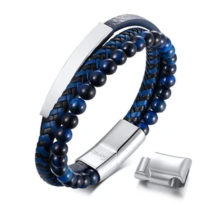 Mens Gift Stainless Steel Natural Stone Blue Leather Three-layer Bracelet 8.5'' - Picture 1 of 4