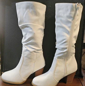 New White Round Toe Slouchy Mid Calf Boots Zipper Faux Leather Chunky Heel Sz 6 - Picture 1 of 4