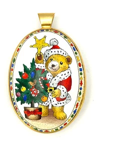 Vintage Halcyon Days Enamel Pendant Teddy Bear Santa & Christmas Tree 2.25" - Bild 1 von 5