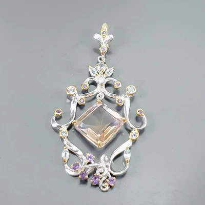 美术珠宝天然氨黄水晶吊坠 925 纯银 /B-P0509 — 第 1/4 张图片