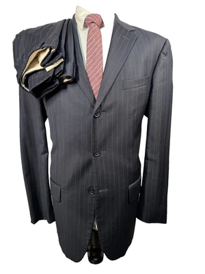 NAUTICA Mens Navy Blue Wool PINSTRIPE Pleated 2pc Suit 42L Jacket 35x31 Pant - Image 1 of 4