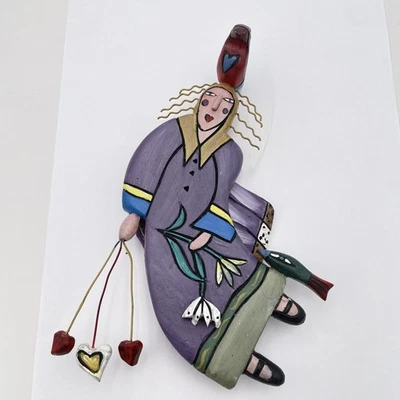 ORIGIN Folk Art Hand Carved Hand Painted Wood Angel Wall Hanging Hearts Duck - Image 1 of 4