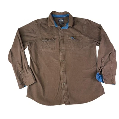 The North Face Shirt Mens Large Brown Button Front Cotton Long Sleeve Blue Trim - Image 1 of 4
