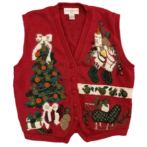 Vintage Christmas Sweater Vest Petite Sophisticates & Co Womens Size M Red Ugly - Picture 1 of 10
