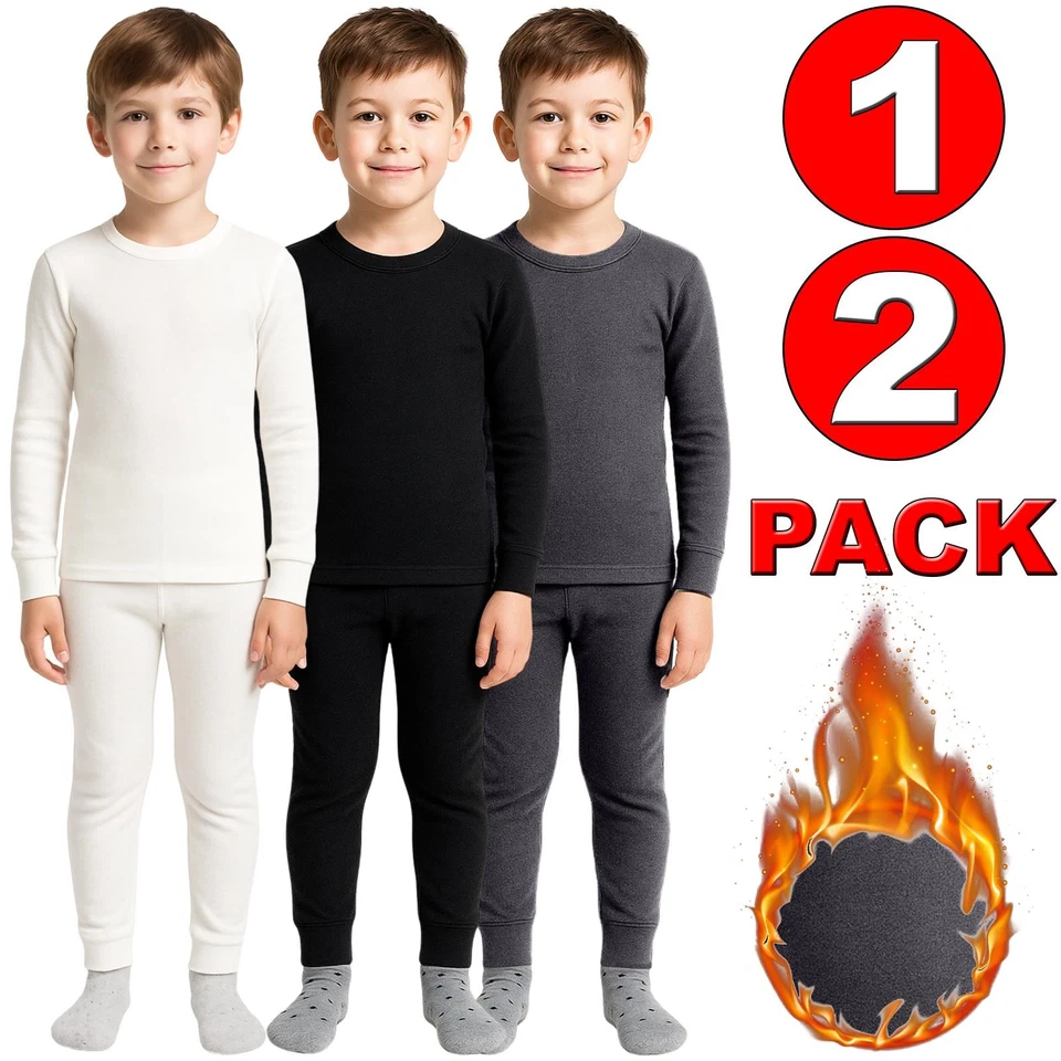 Kids Thermal Long Johns Boys Girls Underwear Winter Warm Top & Bottom 2 Pack - Image 1 of 1