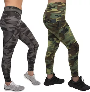 Womens Camo Stretch Pants Ladies Performance Leggings Stretch Snug Workout - Picture 1 of 9