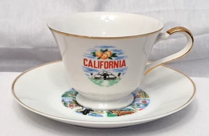 Vintage California Amusement Parks Souvenir Tea Cup & saucer Set Gold Trim White - Picture 1 of 15