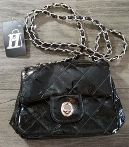 Black Faux Patent Leather Silver Tone Crossbody New - Picture 1 of 7