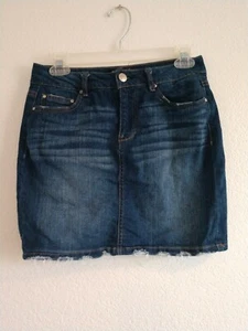 Almost Famous Denim Mini Skirt Distressed Hem Blue Mid Rise 7 - Picture 1 of 7