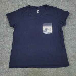 Uniqlo X Hokusai Blue Shirt Women XL Blue Japanese Wave Graphic Short Sleeve Top - Picture 1 of 14