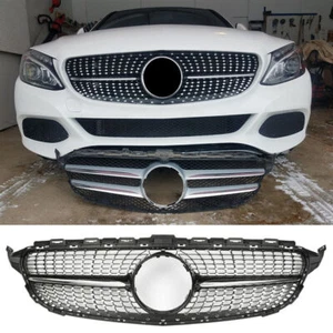 For Mercedes C Class W205 2015 - 2018 Black Gloss & Chrome Diamond Front Grille - Picture 1 of 12